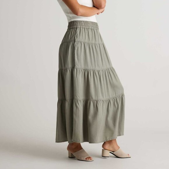 Quince Vintage Wash Tencel Tiered Maxi Skirt, Olive Green, Size Large - Picture 1 of 13